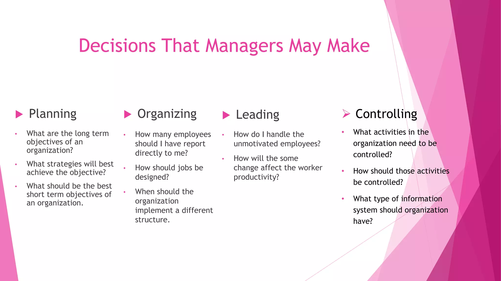 Decisions That Managers May Make
 Planning
• What are the long term
objectives of an
organization?
• What strategies will best
achieve the objective?
• What should be the best
short term objectives of
an organization.
 Organizing
• How many employees
should I have report
directly to me?
• How should jobs be
designed?
• When should the
organization
implement a different
structure.
 Leading
• How do I handle the
unmotivated employees?
• How will the some
change affect the worker
productivity?
• What activities in the
organization need to be
controlled?
• How should those activities
be controlled?
• What type of information
system should organization
have?
 Controlling
 