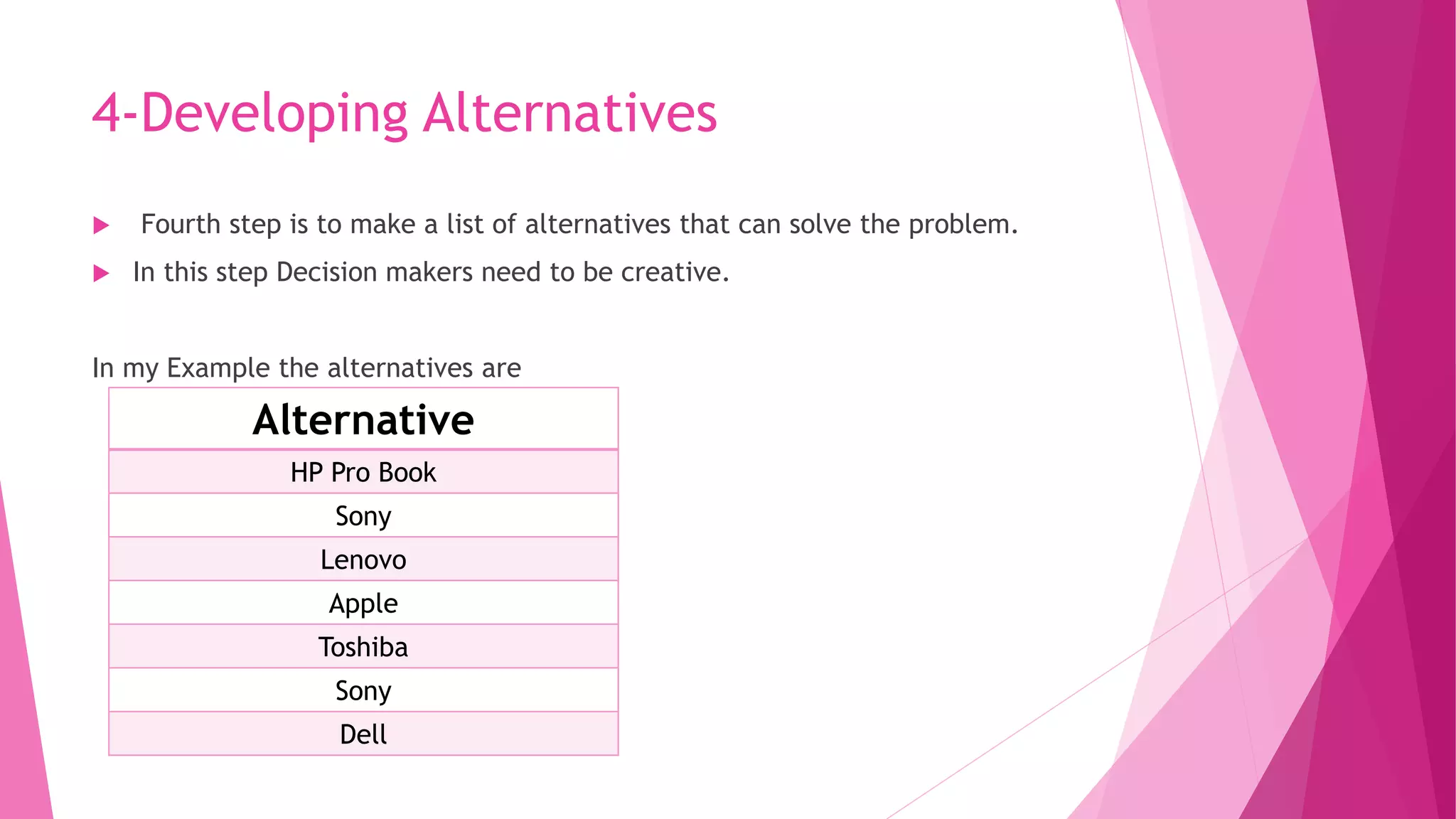 4-Developing Alternatives
 Fourth step is to make a list of alternatives that can solve the problem.
 In this step Decision makers need to be creative.
In my Example the alternatives are
Alternative
HP Pro Book
Sony
Lenovo
Apple
Toshiba
Sony
Dell
 