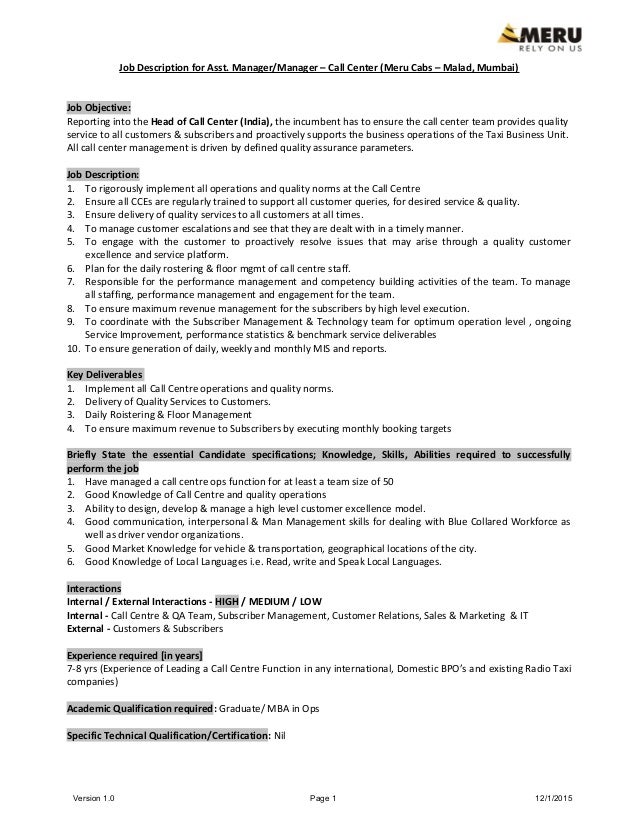 Customer Service Call Center Manager Job Description - Job ...