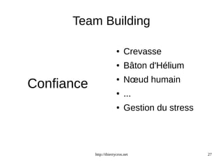 Team Building 
http://thierrycros.net 27 
Confiance 
● Crevasse 
● Bâton d'Hélium 
● Noeud humain 
● ... 
● Gestion du stress 
 