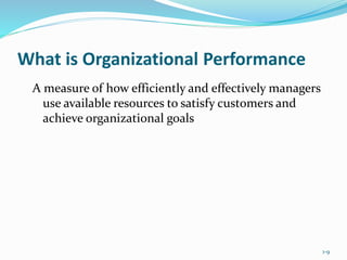 1-9
What is Organizational Performance
A measure of how efficiently and effectively managers
use available resources to satisfy customers and
achieve organizational goals
 
