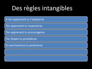Des règles intangibles
A ton apprenant tu t’adapteras
Ton apprenant tu respecteras
Ton apprenant tu encourageras
Par étapes tu procèderas
En permanence tu positiveras
 