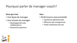 Pourquoi parler de manager-coach?
Parce que c’est:
• Une façon de manager
• Une mission du manager
• Développement des
collaborateurs
• Autonomie optimum
Pour :
• Performance concurrentielle
• Excellence opérationnelle
• Efficience des changements
• Totale implication de tous
 