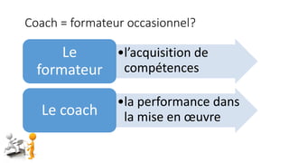 Coach = formateur occasionnel?
•l’acquisition de
compétences
Le
formateur
•la performance dans
la mise en œuvreLe coach
 