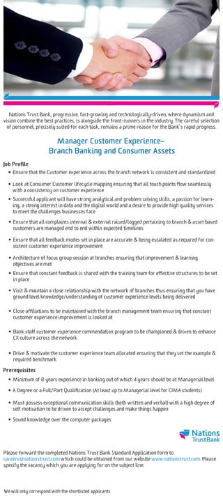 Manager customer experience– branch banking and consumer assets