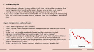 6. Scatter Diagram
 Scatter diagram (diagram pencar) adalah grafik yang menampilkan sepasang data
numerik pada sistem koordinat Cartesian, dengan satu variabel pada masing-
masing sumbu, untuk melihat hubungan dari kedua variabel tersebut.
 Jika kedua variabel tersebut berkorelasi, titik-titik koordinat akan jatuh di sepanjang
garis atau kurva. Semakin baik korelasi, semakin ketat titik-titik tersebut mendekati
garis.
Kapan menggunakan scatter diagram :
- Ketika memiliki pasangan data numerik
- Ketika variabel terikat mungkin memiliki beberapa nilai untuk setiap nilai variabel
bebas
- Ketika ingin menetpakan apakah kedua variabel berhubungan, semisal
- Mencoba mengidentifikasi kemungkinan penyebab utama masalah
- Setelah brainstorm sebab-akibat dengan diagram tulang ikan, untuk menetapkan
secara objektif apakah ada hubungan antara penyebab tertentu dan hasil
- Ketika menentukan apakah dua hasil yang terlihat berhubungan keduanya terjadi
dengan penyebab yang sama
- Ketika menguji untuk korelasi otomatis sebelum menyusun peta kendali
 