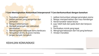 KEAHLIAN KOMUNIKASI
7 Cara Meningkatkan Komunikasi Interpersonal
1. Tunjukkan senyuman
2. Jadilah partner yang pengertian dan
perhatian
3. Bangun kebersamaan
4. Menjadi penengah dan selesaikan
perselisihan
5. Mendengarkan sebanyak kamu berbicara
6. Tempatkan dirimu di posisi mereka
7. Jangan banyak mengeluh
7 Cara berkomunikasi dengan bawahan
1. Jadikan komunikasi sebagai perangkat utama
2. Belajar memperhatikan dan mau mendengar
3. Kenali karakter lawan bicara
4. Jujur lebih baik dari pada diam dan berpura-
pura
5. Perlihatkan mimik yang tepat
6. Mengingat kebiasaan dan hal yang berkesan
7. Hindari mendikte
 