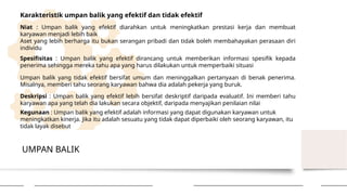 UMPAN BALIK
Karakteristik umpan balik yang efektif dan tidak efektif
Niat : Umpan balik yang efektif diarahkan untuk meningkatkan prestasi kerja dan membuat
karyawan menjadi lebih baik
Aset yang lebih berharga itu bukan serangan pribadi dan tidak boleh membahayakan perasaan diri
individu
Spesifisitas : Umpan balik yang efektif dirancang untuk memberikan informasi spesifik kepada
penerima sehingga mereka tahu apa yang harus dilakukan untuk memperbaiki situasi
Umpan balik yang tidak efektif bersifat umum dan meninggalkan pertanyaan di benak penerima.
Misalnya, memberi tahu seorang karyawan bahwa dia adalah pekerja yang buruk.
Deskripsi : Umpan balik yang efektif lebih bersifat deskriptif daripada evaluatif. Ini memberi tahu
karyawan apa yang telah dia lakukan secara objektif, daripada menyajikan penilaian nilai
Kegunaan : Umpan balik yang efektif adalah informasi yang dapat digunakan karyawan untuk
meningkatkan kinerja. Jika itu adalah sesuatu yang tidak dapat diperbaiki oleh seorang karyawan, itu
tidak layak disebut
 