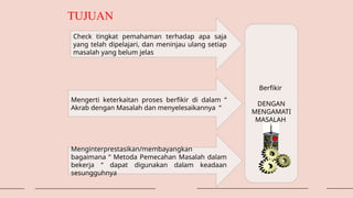 TUJUAN
Check tingkat pemahaman terhadap apa saja
yang telah dipelajari, dan meninjau ulang setiap
masalah yang belum jelas
Mengerti keterkaitan proses berfikir di dalam “
Akrab dengan Masalah dan menyelesaikannya “
Menginterprestasikan/membayangkan
bagaimana “ Metoda Pemecahan Masalah dalam
bekerja “ dapat digunakan dalam keadaan
sesungguhnya
Berfikir
DENGAN
MENGAMATI
MASALAH
 