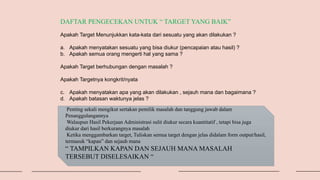 DAFTAR PENGECEKAN UNTUK “ TARGET YANG BAIK”
Apakah Target Menunjukkan kata-kata dari sesuatu yang akan dilakukan ?
a. Apakah menyatakan sesuatu yang bisa diukur (pencapaian atau hasil) ?
b. Apakah semua orang mengerti hal yang sama ?
Apakah Target berhubungan dengan masalah ?
Apakah Targetnya kongkrit/nyata
c. Apakah menyatakan apa yang akan dilakukan , sejauh mana dan bagaimana ?
d. Apakah batasan waktunya jelas ?
Penting sekali mengikut sertakan pemilik masalah dan tanggung jawab dalam
Penanggulangannya
Walaupun Hasil Pekerjaan Administrasi sulit diukur secara kuantitatif , tetapi bisa juga
diukur dari hasil berkurangnya masalah
Ketika menggambarkan target, Tuliskan semua target dengan jelas didalam form output/hasil,
termasuk “kapan” dan sejauh mana
“ TAMPILKAN KAPAN DAN SEJAUH MANA MASALAH
TERSEBUT DISELESAIKAN “
 