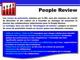 People Review
Les revues de potentiels, pilotées par la RH, sont des réunions du comité
de Direction et des cadres où il incombe au manager de présenter le
dossier des collaborateurs sélectionnés pour la People Review.
Le manager, dans son rôle de "développeur de talents", prépare sa réunion
de revue de potentiels, monte un dossier grâce aux éléments suivants:
• Grille de critères / Grille de HP renseignée pour chaque collaborateur identifié
• Synthèse des entretiens annuels sur les 3 années précédentes (évaluation
globale des performances et des compétences + l'ensemble des faits
significatifs repérés sur les 3 années)
• Augmentations de salaire accordées au collaborateur sur 3 ans / augmentations
accordées en moyenne dans l'entreprise
• Points forts du collaborateur en lien avec les critères de potentiel
• Aspirations du collaborateur
• Perspectives de carrière et de développement envisagées par le manager
• Souhaits d'évolution du collaborateur.
 