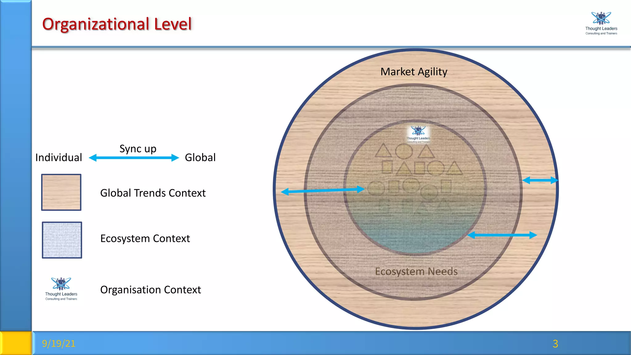 9/19/21 3
Organizational Level
Ecosystem Needs
Market Agility
Individual Global
Sync up
Ecosystem Context
Global Trends Context
Organisation Context
 