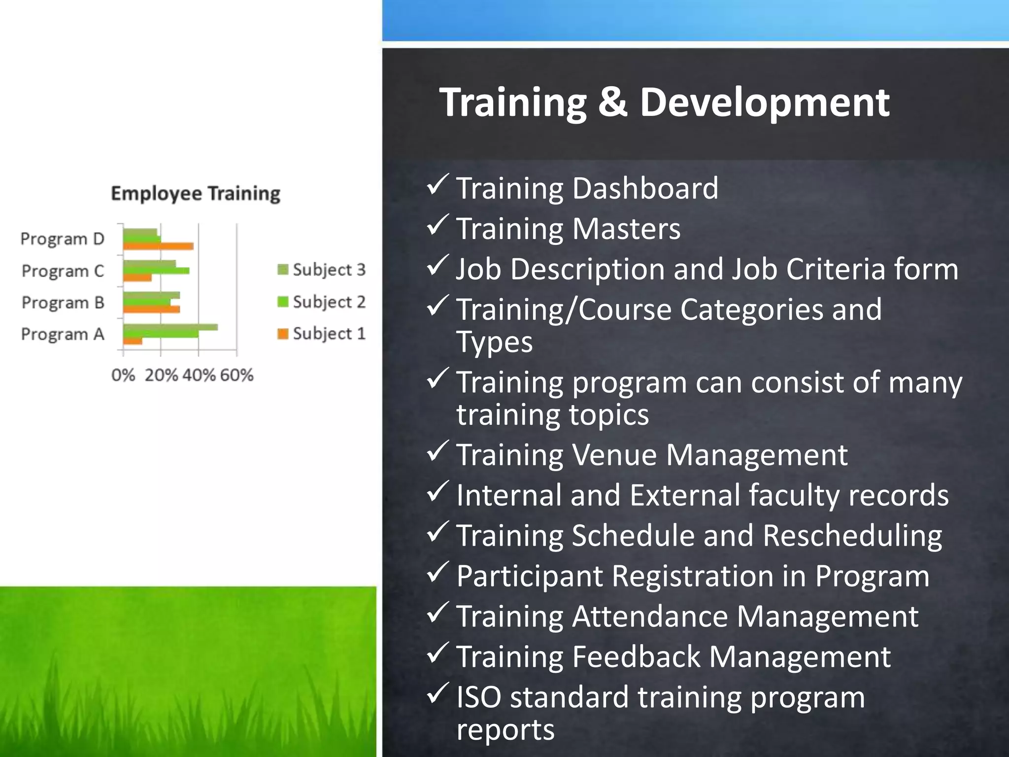 Training & Development
 Training Dashboard
 Training Masters
 Job Description and Job Criteria form
 Training/Course Categories and
Types
 Training program can consist of many
training topics
 Training Venue Management
 Internal and External faculty records
 Training Schedule and Rescheduling
 Participant Registration in Program
 Training Attendance Management
 Training Feedback Management
 ISO standard training program
reports
 