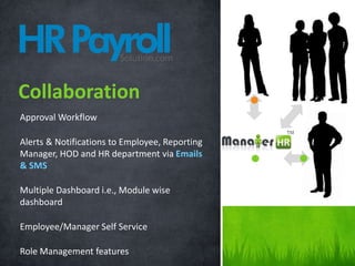 Approval Workflow
Alerts & Notifications to Employee, Reporting
Manager, HOD and HR department via Emails
& SMS
Multiple Dashboard i.e., Module wise
dashboard
Employee/Manager Self Service
Role Management features
Collaboration
 
