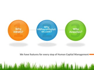 We have features for every step of Human Capital Management
Why
HRMS?
Why
HRPayrollSoluti
on.com?
Why
Aequitas?
 
