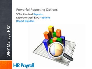 WHYManagerHR? Powerful Reporting Options
500+ Standard Reports
Export to Excel & PDF options
Report Builders
 