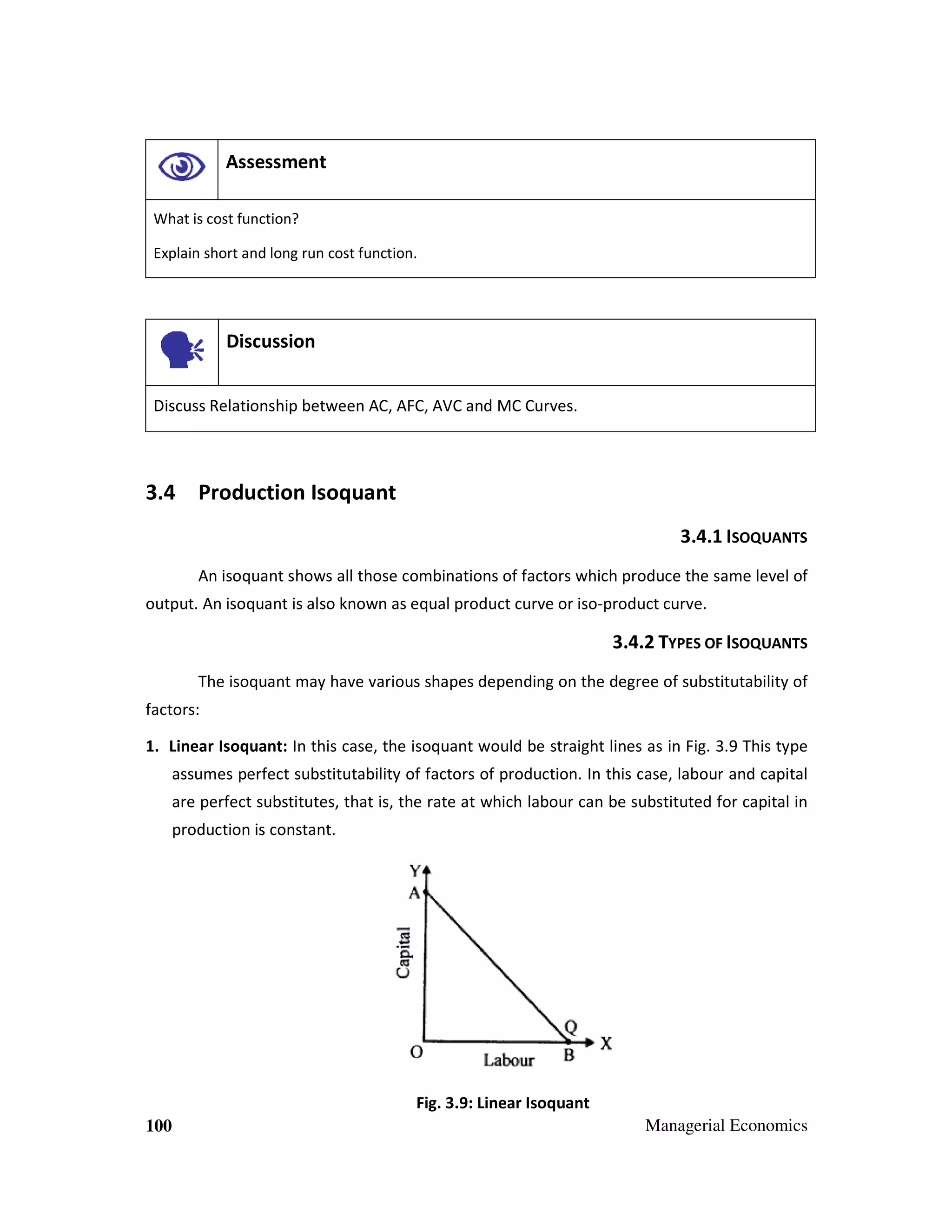 Assessment
What is cost function?
Explain short and long run cost function.

Discussion
Discuss Relationship between AC, AFC, AVC and MC Curves.

3.4 Production Isoquant
3.4.1 ISOQUANTS
An isoquant shows all those combinations of factors which produce the same level of
output. An isoquant is also known as equal product curve or iso-product curve.

3.4.2 TYPES OF ISOQUANTS
The isoquant may have various shapes depending on the degree of substitutability of
factors:
1. Linear Isoquant: In this case, the isoquant would be straight lines as in Fig. 3.9 This type
assumes perfect substitutability of factors of production. In this case, labour and capital
are perfect substitutes, that is, the rate at which labour can be substituted for capital in
production is constant.

Fig. 3.9: Linear Isoquant
100

Managerial Economics

 