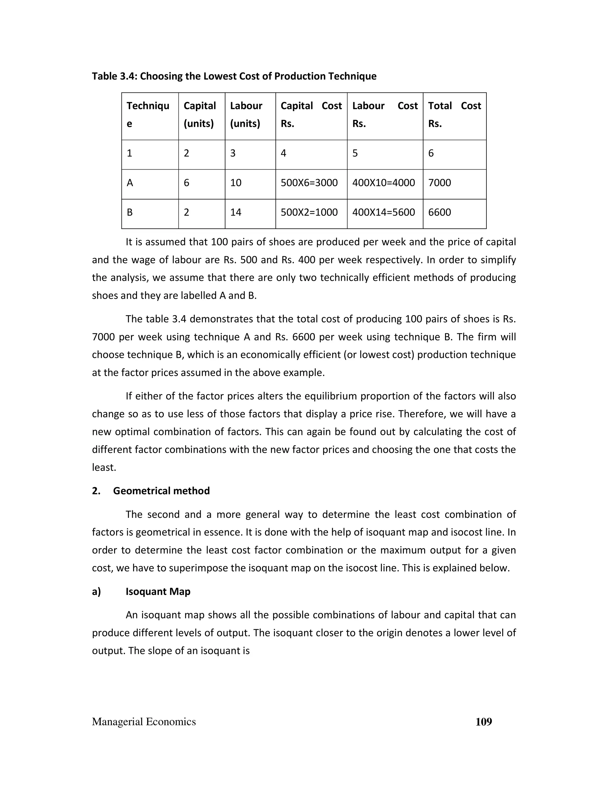 Table 3.4: Choosing the Lowest Cost of Production Technique
Techniqu

Capital

Labour

Capital Cost Labour

Cost Total Cost

e

(units)

(units)

Rs.

Rs.

Rs.

1

2

3

4

5

6

A

6

10

500X6=3000

400X10=4000

7000

B

2

14

500X2=1000

400X14=5600

6600

It is assumed that 100 pairs of shoes are produced per week and the price of capital
and the wage of labour are Rs. 500 and Rs. 400 per week respectively. In order to simplify
the analysis, we assume that there are only two technically efficient methods of producing
shoes and they are labelled A and B.
The table 3.4 demonstrates that the total cost of producing 100 pairs of shoes is Rs.
7000 per week using technique A and Rs. 6600 per week using technique B. The firm will
choose technique B, which is an economically efficient (or lowest cost) production technique
at the factor prices assumed in the above example.
If either of the factor prices alters the equilibrium proportion of the factors will also
change so as to use less of those factors that display a price rise. Therefore, we will have a
new optimal combination of factors. This can again be found out by calculating the cost of
different factor combinations with the new factor prices and choosing the one that costs the
least.
2.

Geometrical method
The second and a more general way to determine the least cost combination of

factors is geometrical in essence. It is done with the help of isoquant map and isocost line. In
order to determine the least cost factor combination or the maximum output for a given
cost, we have to superimpose the isoquant map on the isocost line. This is explained below.
a)

Isoquant Map
An isoquant map shows all the possible combinations of labour and capital that can

produce different levels of output. The isoquant closer to the origin denotes a lower level of
output. The slope of an isoquant is

Managerial Economics

109

 