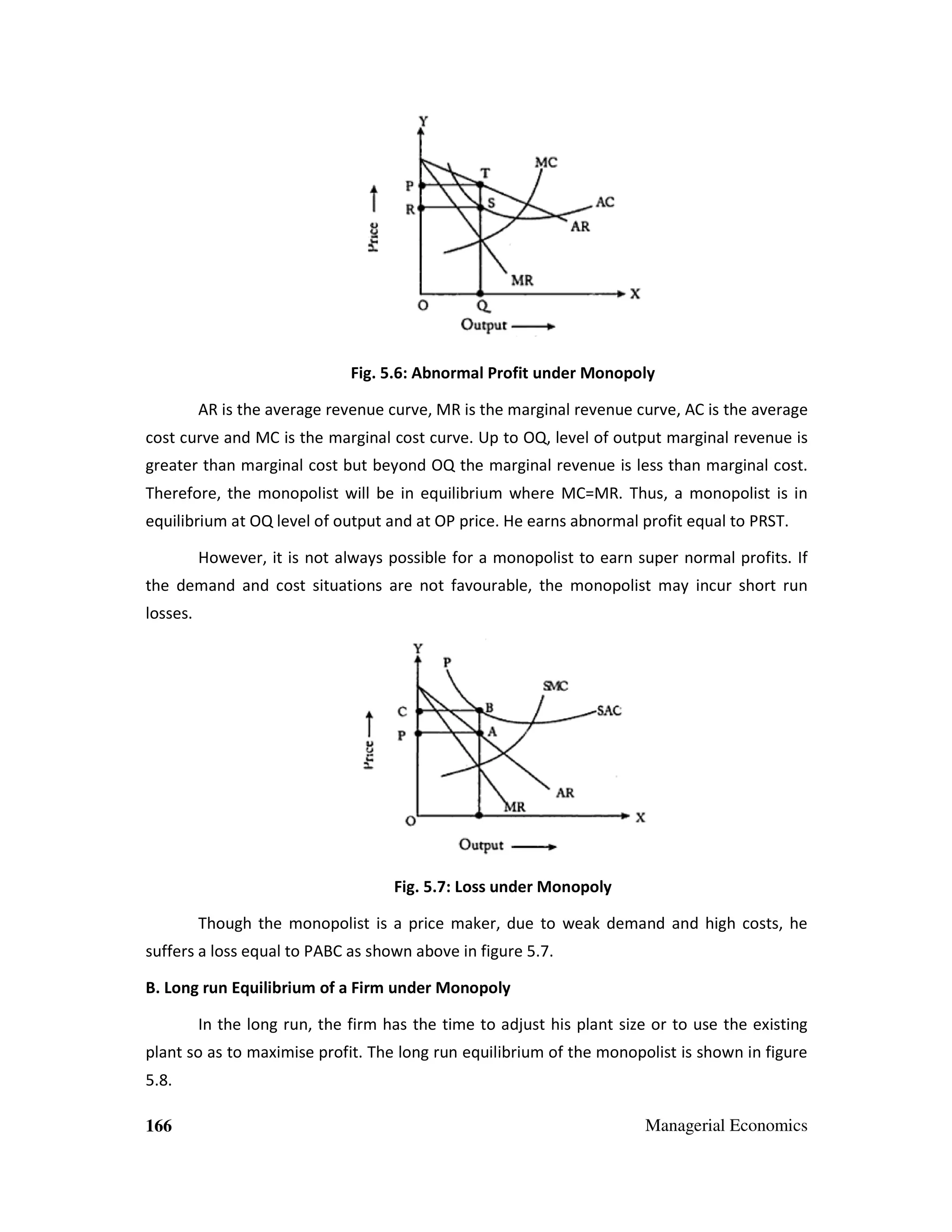 Fig. 5.6: Abnormal Profit under Monopoly
AR is the average revenue curve, MR is the marginal revenue curve, AC is the average
cost curve and MC is the marginal cost curve. Up to OQ, level of output marginal revenue is
greater than marginal cost but beyond OQ the marginal revenue is less than marginal cost.
Therefore, the monopolist will be in equilibrium where MC=MR. Thus, a monopolist is in
equilibrium at OQ level of output and at OP price. He earns abnormal profit equal to PRST.
However, it is not always possible for a monopolist to earn super normal profits. If
the demand and cost situations are not favourable, the monopolist may incur short run
losses.

Fig. 5.7: Loss under Monopoly
Though the monopolist is a price maker, due to weak demand and high costs, he
suffers a loss equal to PABC as shown above in figure 5.7.
B. Long run Equilibrium of a Firm under Monopoly
In the long run, the firm has the time to adjust his plant size or to use the existing
plant so as to maximise profit. The long run equilibrium of the monopolist is shown in figure
5.8.
166

Managerial Economics

 