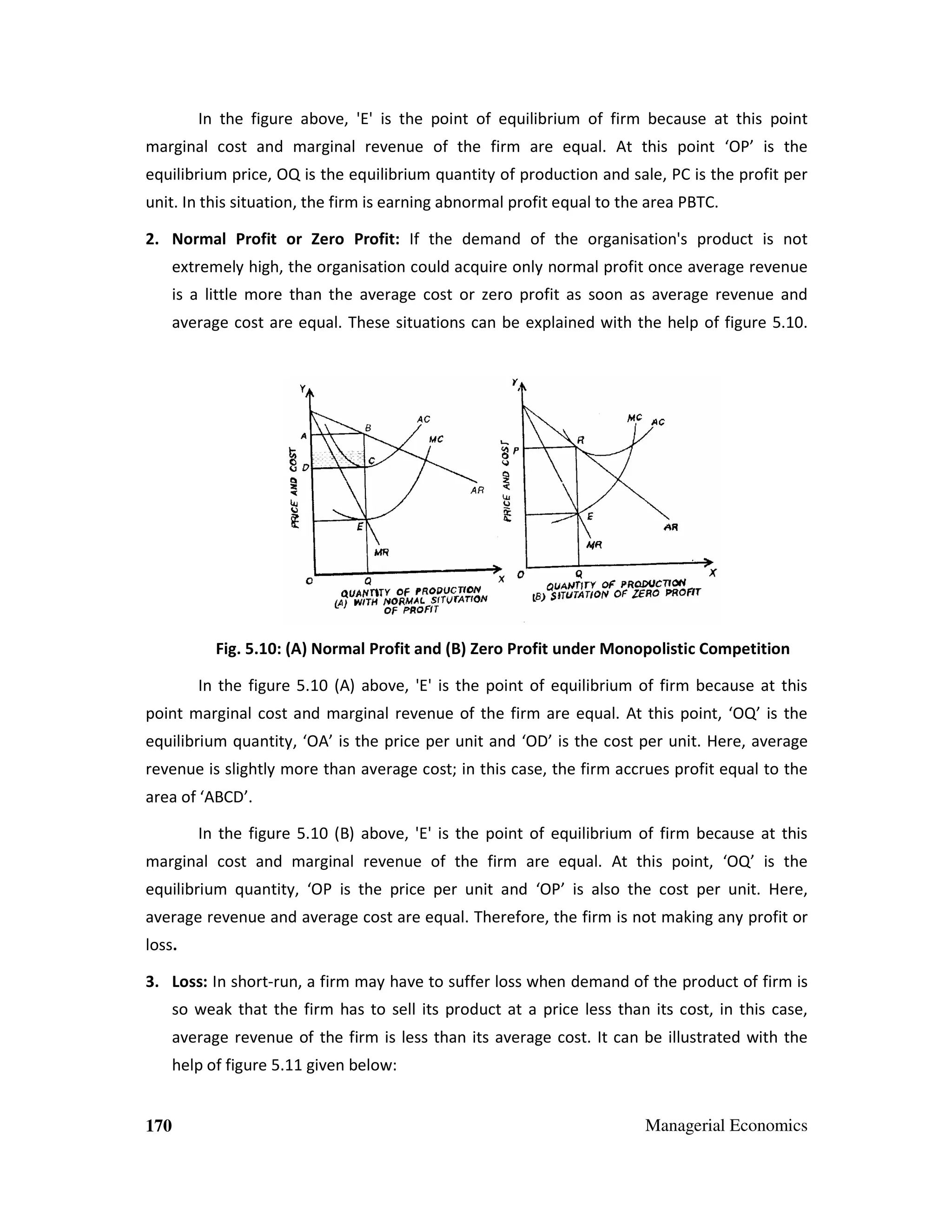 In the figure above, 'E' is the point of equilibrium of firm because at this point
marginal cost and marginal revenue of the firm are equal. At this point ‘OP’ is the
equilibrium price, OQ is the equilibrium quantity of production and sale, PC is the profit per
unit. In this situation, the firm is earning abnormal profit equal to the area PBTC.
2. Normal Profit or Zero Profit: If the demand of the organisation's product is not
extremely high, the organisation could acquire only normal profit once average revenue
is a little more than the average cost or zero profit as soon as average revenue and
average cost are equal. These situations can be explained with the help of figure 5.10.

Fig. 5.10: (A) Normal Profit and (B) Zero Profit under Monopolistic Competition
In the figure 5.10 (A) above, 'E' is the point of equilibrium of firm because at this
point marginal cost and marginal revenue of the firm are equal. At this point, ‘OQ’ is the
equilibrium quantity, ‘OA’ is the price per unit and ‘OD’ is the cost per unit. Here, average
revenue is slightly more than average cost; in this case, the firm accrues profit equal to the
area of ‘ABCD’.
In the figure 5.10 (B) above, 'E' is the point of equilibrium of firm because at this
marginal cost and marginal revenue of the firm are equal. At this point, ‘OQ’ is the
equilibrium quantity, ‘OP is the price per unit and ‘OP’ is also the cost per unit. Here,
average revenue and average cost are equal. Therefore, the firm is not making any profit or
loss.
3. Loss: In short-run, a firm may have to suffer loss when demand of the product of firm is
so weak that the firm has to sell its product at a price less than its cost, in this case,
average revenue of the firm is less than its average cost. It can be illustrated with the
help of figure 5.11 given below:

170

Managerial Economics

 
