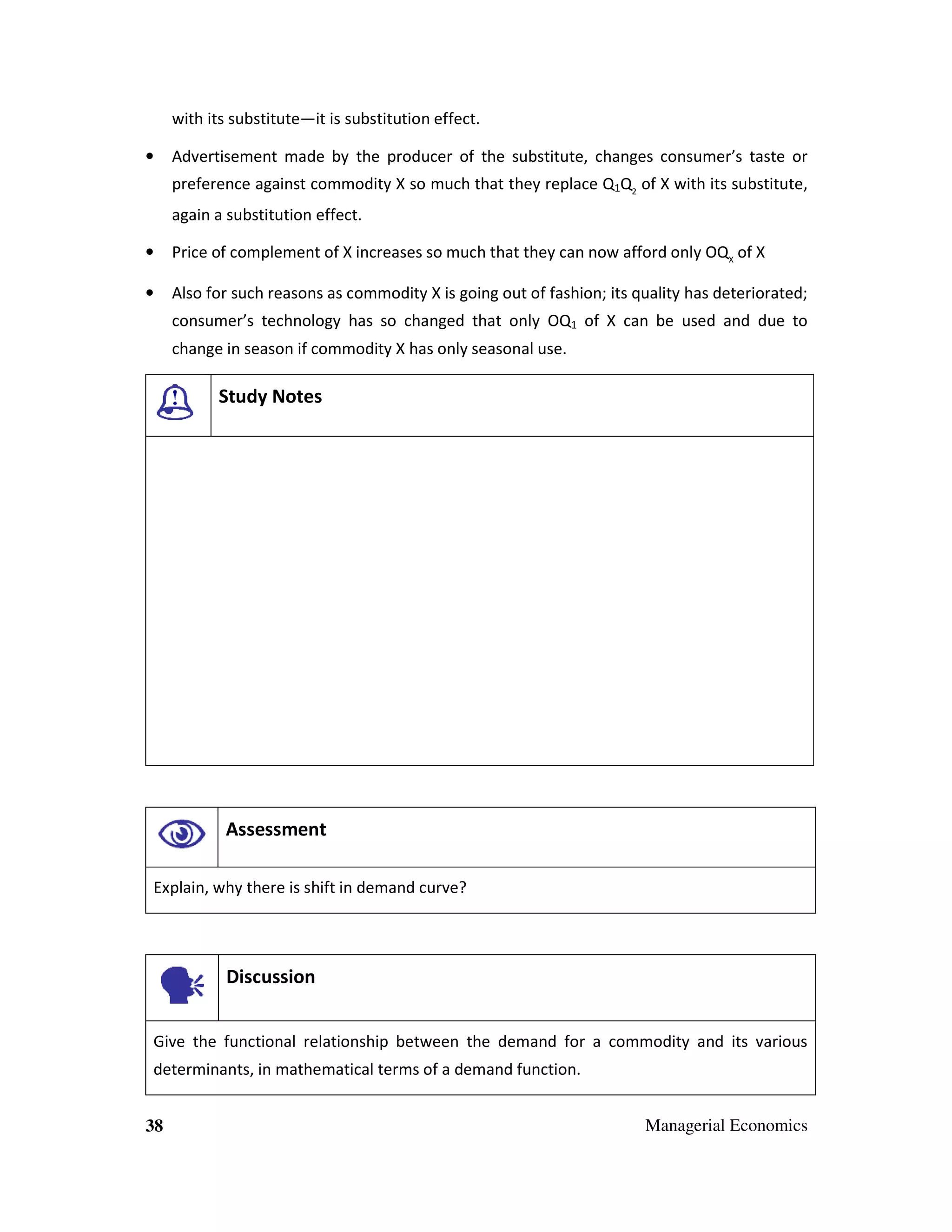 with its substitute—it is substitution effect.
•

Advertisement made by the producer of the substitute, changes consumer’s taste or
preference against commodity X so much that they replace Q1Q2 of X with its substitute,
again a substitution effect.

•

Price of complement of X increases so much that they can now afford only OQX of X

•

Also for such reasons as commodity X is going out of fashion; its quality has deteriorated;
consumer’s technology has so changed that only OQ1 of X can be used and due to
change in season if commodity X has only seasonal use.

Study Notes

Assessment
Explain, why there is shift in demand curve?

Discussion
Give the functional relationship between the demand for a commodity and its various
determinants, in mathematical terms of a demand function.
38

Managerial Economics

 