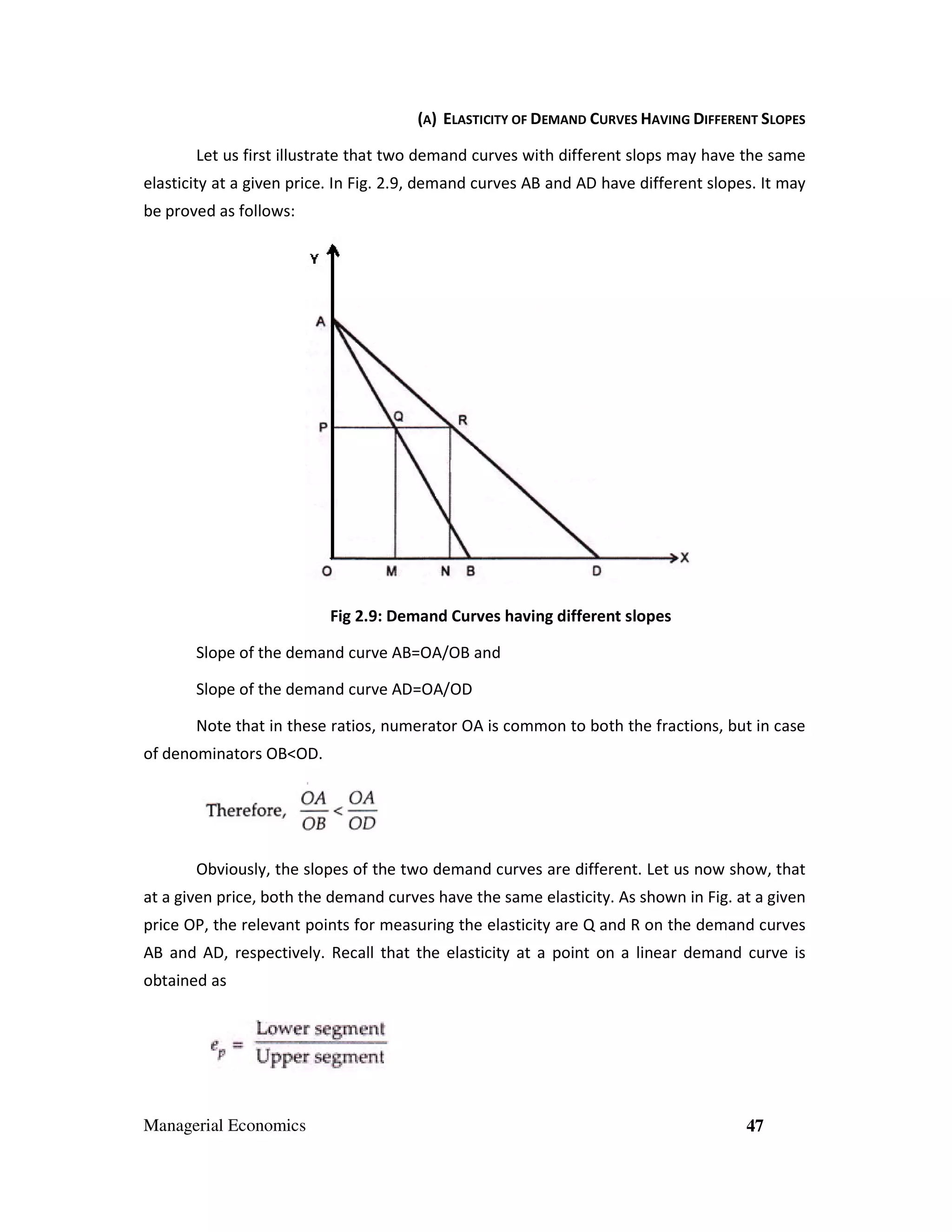 (A) ELASTICITY OF DEMAND CURVES HAVING DIFFERENT SLOPES
Let us first illustrate that two demand curves with different slops may have the same
elasticity at a given price. In Fig. 2.9, demand curves AB and AD have different slopes. It may
be proved as follows:

Fig 2.9: Demand Curves having different slopes
Slope of the demand curve AB=OA/OB and
Slope of the demand curve AD=OA/OD
Note that in these ratios, numerator OA is common to both the fractions, but in case
of denominators OB<OD.

Obviously, the slopes of the two demand curves are different. Let us now show, that
at a given price, both the demand curves have the same elasticity. As shown in Fig. at a given
price OP, the relevant points for measuring the elasticity are Q and R on the demand curves
AB and AD, respectively. Recall that the elasticity at a point on a linear demand curve is
obtained as

Managerial Economics

47

 