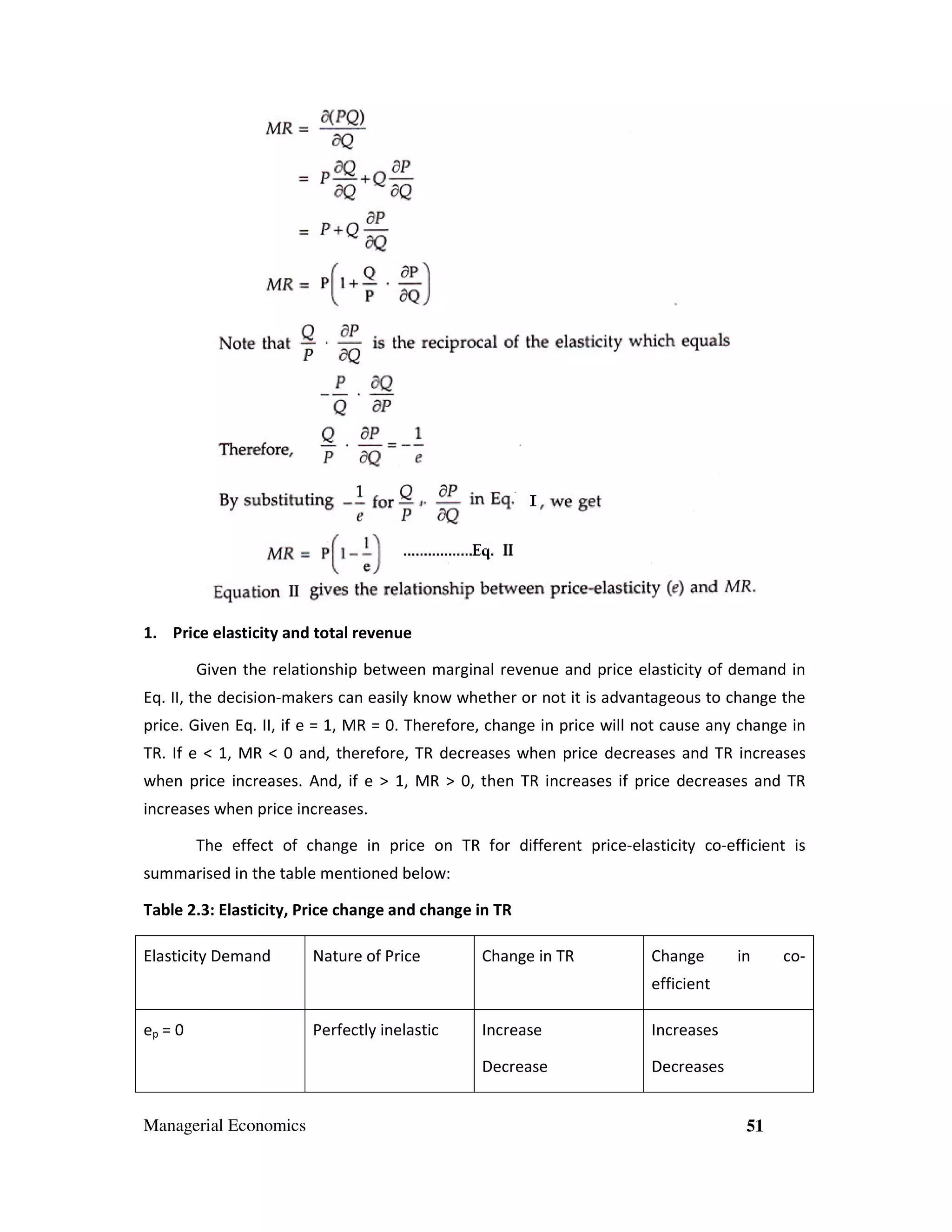 1. Price elasticity and total revenue
Given the relationship between marginal revenue and price elasticity of demand in
Eq. II, the decision-makers can easily know whether or not it is advantageous to change the
price. Given Eq. II, if e = 1, MR = 0. Therefore, change in price will not cause any change in
TR. If e < 1, MR < 0 and, therefore, TR decreases when price decreases and TR increases
when price increases. And, if e > 1, MR > 0, then TR increases if price decreases and TR
increases when price increases.
The effect of change in price on TR for different price-elasticity co-efficient is
summarised in the table mentioned below:
Table 2.3: Elasticity, Price change and change in TR
Elasticity Demand

Nature of Price

Change in TR

Change

in

efficient
ep = 0

Increase

Increases

Decrease

Managerial Economics

Perfectly inelastic

Decreases

51

co-

 