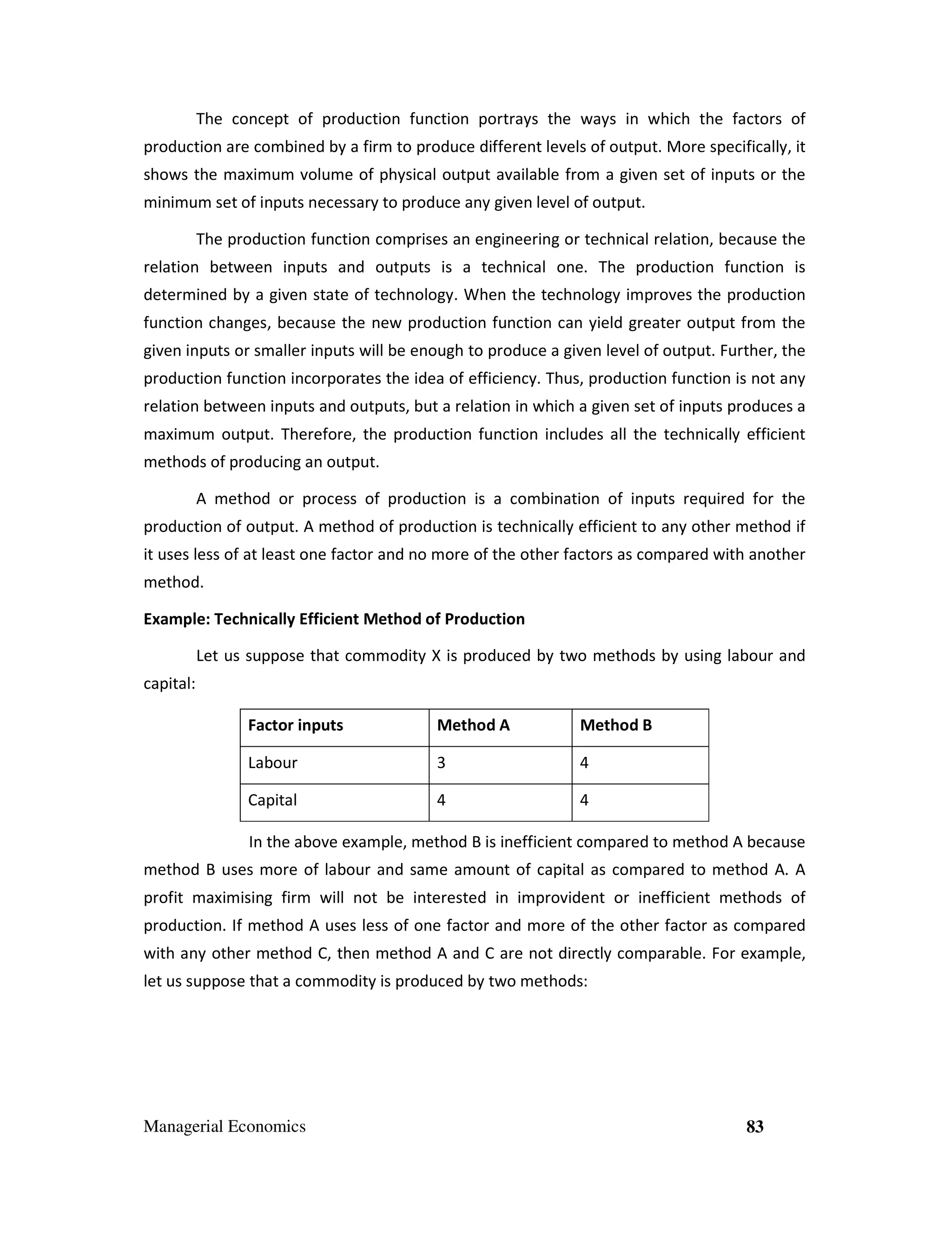 The concept of production function portrays the ways in which the factors of
production are combined by a firm to produce different levels of output. More specifically, it
shows the maximum volume of physical output available from a given set of inputs or the
minimum set of inputs necessary to produce any given level of output.
The production function comprises an engineering or technical relation, because the
relation between inputs and outputs is a technical one. The production function is
determined by a given state of technology. When the technology improves the production
function changes, because the new production function can yield greater output from the
given inputs or smaller inputs will be enough to produce a given level of output. Further, the
production function incorporates the idea of efficiency. Thus, production function is not any
relation between inputs and outputs, but a relation in which a given set of inputs produces a
maximum output. Therefore, the production function includes all the technically efficient
methods of producing an output.
A method or process of production is a combination of inputs required for the
production of output. A method of production is technically efficient to any other method if
it uses less of at least one factor and no more of the other factors as compared with another
method.
Example: Technically Efficient Method of Production
Let us suppose that commodity X is produced by two methods by using labour and
capital:
Factor inputs

Method A

Method B

Labour

3

4

Capital

4

4

In the above example, method B is inefficient compared to method A because
method B uses more of labour and same amount of capital as compared to method A. A
profit maximising firm will not be interested in improvident or inefficient methods of
production. If method A uses less of one factor and more of the other factor as compared
with any other method C, then method A and C are not directly comparable. For example,
let us suppose that a commodity is produced by two methods:

Managerial Economics

83

 