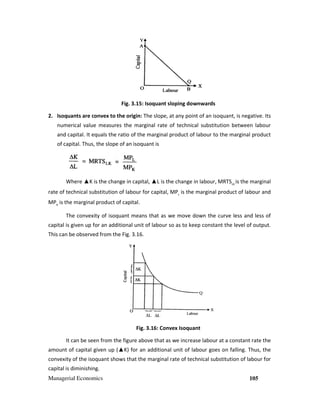 Managerial Economics 105
Fig. 3.15: Isoquant sloping downwards
2. Isoquants are convex to the origin: The slope, at any point of an isoquant, is negative. Its
numerical value measures the marginal rate of technical substitution between labour
and capital. It equals the ratio of the marginal product of labour to the marginal product
of capital. Thus, the slope of an isoquant is
Where ▲K is the change in capital, ▲L is the change in labour, MRTSLK
is the marginal
rate of technical substitution of labour for capital, MPL
is the marginal product of labour and
MPK
is the marginal product of capital.
The convexity of isoquant means that as we move down the curve less and less of
capital is given up for an additional unit of labour so as to keep constant the level of output.
This can be observed from the Fig. 3.16.
Fig. 3.16: Convex Isoquant
It can be seen from the figure above that as we increase labour at a constant rate the
amount of capital given up (▲K) for an additional unit of labour goes on falling. Thus, the
convexity of the isoquant shows that the marginal rate of technical substitution of labour for
capital is diminishing.
 