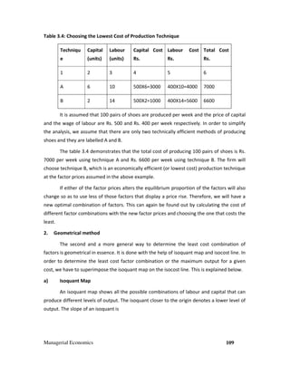 Managerial Economics 109
Table 3.4: Choosing the Lowest Cost of Production Technique
Techniqu
e
Capital
(units)
Labour
(units)
Capital Cost
Rs.
Labour Cost
Rs.
Total Cost
Rs.
1 2 3 4 5 6
A 6 10 500X6=3000 400X10=4000 7000
B 2 14 500X2=1000 400X14=5600 6600
It is assumed that 100 pairs of shoes are produced per week and the price of capital
and the wage of labour are Rs. 500 and Rs. 400 per week respectively. In order to simplify
the analysis, we assume that there are only two technically efficient methods of producing
shoes and they are labelled A and B.
The table 3.4 demonstrates that the total cost of producing 100 pairs of shoes is Rs.
7000 per week using technique A and Rs. 6600 per week using technique B. The firm will
choose technique B, which is an economically efficient (or lowest cost) production technique
at the factor prices assumed in the above example.
If either of the factor prices alters the equilibrium proportion of the factors will also
change so as to use less of those factors that display a price rise. Therefore, we will have a
new optimal combination of factors. This can again be found out by calculating the cost of
different factor combinations with the new factor prices and choosing the one that costs the
least.
2. Geometrical method
The second and a more general way to determine the least cost combination of
factors is geometrical in essence. It is done with the help of isoquant map and isocost line. In
order to determine the least cost factor combination or the maximum output for a given
cost, we have to superimpose the isoquant map on the isocost line. This is explained below.
a) Isoquant Map
An isoquant map shows all the possible combinations of labour and capital that can
produce different levels of output. The isoquant closer to the origin denotes a lower level of
output. The slope of an isoquant is
 