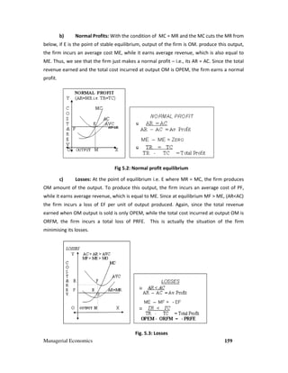 Managerial Economics 159
b) Normal Profits: With the condition of MC = MR and the MC cuts the MR from
below, if E is the point of stable equilibrium, output of the firm is OM. produce this output,
the firm incurs an average cost ME, while it earns average revenue, which is also equal to
ME. Thus, we see that the firm just makes a normal profit – i.e., its AR = AC. Since the total
revenue earned and the total cost incurred at output OM is OPEM, the firm earns a normal
profit.
Fig 5.2: Normal profit equilibrium
c) Losses: At the point of equilibrium i.e. E where MR = MC, the firm produces
OM amount of the output. To produce this output, the firm incurs an average cost of PF,
while it earns average revenue, which is equal to ME. Since at equilibrium MF > ME, (AR<AC)
the firm incurs a loss of EF per unit of output produced. Again, since the total revenue
earned when OM output is sold is only OPEM, while the total cost incurred at output OM is
ORFM, the firm incurs a total loss of PRFE. This is actually the situation of the firm
minimising its losses.
Fig. 5.3: Losses
 
