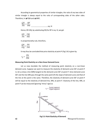 42 Managerial Economics
According to geometrical properties of similar triangles, the ratio of any two sides of
similar triangle is always equal to the ratio of corresponding sides of the other sides.
Therefore, in ▲PQN and ▲MRP,
………………………………… eq. III
Hence, RP=OQ, by substituting OQ for RP in eq. III, we get
In proportionality rule, therefore,
It may thus be concluded that price elasticity at point P (Fig 2.4) is given by
Measuring Point Elasticity on a Non-linear Demand Curve
Let us now elucidate the method of measuring point elasticity on a non-linear
demand curve. Suppose we want to measure the elasticity of demand curve DD’ at point P
in, let us draw a line (MN) tangent to the demand curve DD’ at point P. Since demand curve
DD’ and the line MN pass through the same point (P) the slope of demand curve and that of
the line at this point is the same. Therefore, the elasticity of demand curve DD’ at point P
will be equal to the elasticity of demand line, MN, at point P. Elasticity of the line, MN, at
point P can be measured (ignoring ‘minus’ sign) as
Fig 2.5: Point Elasticity of Demand
 