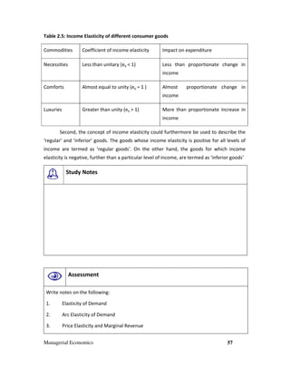 Managerial Economics 57
Table 2.5: Income Elasticity of different consumer goods
Commodities Coefficient of income elasticity Impact on expenditure
Necessities Less than unitary (ey < 1) Less than proportionate change in
income
Comforts Almost equal to unity (ey = 1 ) Almost proportionate change in
income
Luxuries Greater than unity (ey > 1) More than proportionate increase in
income
Second, the concept of income elasticity could furthermore be used to describe the
‘regular’ and ‘inferior’ goods. The goods whose income elasticity is positive for all levels of
income are termed as ‘regular goods’. On the other hand, the goods for which income
elasticity is negative, further than a particular level of income, are termed as ‘inferior goods’
Study Notes
Assessment
Write notes on the following:
1. Elasticity of Demand
2. Arc Elasticity of Demand
3. Price Elasticity and Marginal Revenue
 