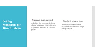 Setting
Standards for
Direct Labour
 Standard hours per unit
It defines the amount of direct
labour hours that should be used
to produce one unit of finished
goods.
 Standard rate per hour
It defines the company’s
expected direct labour wage
rate per hour.
 