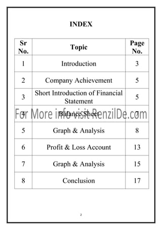INDEX
Sr
No.

Topic

Page
No.

1

Introduction

3

2

Company Achievement

5

3

Short Introduction of Financial
Statement

5

4

Balance Sheet

7

5

Graph & Analysis

8

6

Profit & Loss Account

13

7

Graph & Analysis

15

8

Conclusion

17

2

 