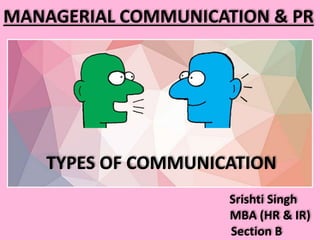 MANAGERIAL COMMUNICATION & PR
Srishti Singh
MBA (HR & IR)
Section B
TYPES OF COMMUNICATION
 