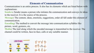 Elements of Communication
Communication is an entire process. It also has its elements which are listed below with
explanations:
Senders: Sender means a person who initiates the communication and conveys its ideas
to the receiver. It is the source of the process.
Message: The content, ideas, emotions, suggestions, order all fall under this element of
communication.
Encoding: The method to convert the message into communication syllables like
picture, word, gestures, etc.
Media: The trail along which the encoded message is transmitted to the receiver. The
channel could be written, face-to-face, calls or any suitable manner.
 