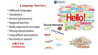 Language barriers
• Different languages
• Vocabulary
• Accent (pronounce)
• Regional barriers
• Badly expressed messages
• Wrong interpretation
• Unqualified assumptions
• No clarity in speach
元気ですか
Genkidesuka
 