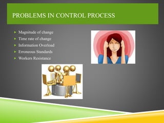 PROBLEMS IN CONTROL PROCESS
 Magnitude of change
 Time rate of change
 Information Overload
 Erroneous Standards
 Workers Resistance
 