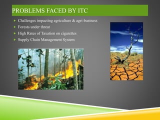 PROBLEMS FACED BY ITC
 Challenges impacting agriculture & agri-business
 Forests under threat
 High Rates of Taxation on cigarettes
 Supply Chain Management System
 