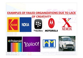 EXAMPLES OF FAILED ORGANIZATIONS DUE TO LACK
OF CREATIVITY
 