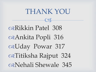 THANK YOU
         
Rikkin Patel 308
Ankita Popli 316
Uday Powar 317
Titiksha Rajput 324
Nehali Shewale 345
 