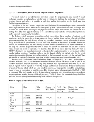 SUBJECT: Managerial Economics Marks: 100
CASE – 1 Indian Stock Market: Does it Explain Perfect Competition?
The stock market is one of the most important sources for corporates to raise capital. A stock
exchange provides a market place, whether real or virtual, to facilitate the exchange of securities
between buyers and sellers. It provides a real time trading information on the listed securities,
facilitating price discovery.
Participants in the stock market range from small individual investors to large traders, who can be
based anywhere in the world. Their orders usually end up with a professional at a stock exchange, who
executes the order. Some exchanges are physical locations where transactions are carried out on a
trading floor. The other type of exchange is of a virtual kind, composed of a network of computers and
trades are made electronically via traders.
By design a stock exchange resembles perfect competition. Large number of rational profit
maximisers actively competing with each other, trying to predict future market value of individual
securities comprises the main feature of any stock market. Important current information is almost
freely available to all participants. Price of individual security is determined by market forces and
reflects the effect of events that have already occurred and are expected to occur. In the short run it is
not easy for a market player to either exit or enter; one cannot exit and enter for few days in those
stocks which are under no delivery. For example Tata Steel was in no delivery from 29/10/07 to
02/11/07. Similarly one cannot enter or exit on those stocks which are in upper or lower circuit for few
regular trading sessions. Therefore a player has to depend wholly on market price for its profit
maximizing output (in this case stock of securities). In the long run players may exit the market if they
are not able to earn profit, but at the same time new investors are attracted by rise in market price.
As on 01/11/07 total market capital at Bombay Stock Exchange (BSE) is $1589.43 billion (source:
Business Standard, 1/11/2007); out of this individual investors account for only $100bn. In spite of the
fact that individual investors exist in a very large number, their capital base is less than 7% of total
market capital; rest of capital is owned by foreign institutional investor and domestic institutional
investors (FIIs and DIIs), which are very small in number. Average capital owned by a single large
player is huge in comparison to small investor. This situation seems to have prompted Dr Dash of BSE
to comment ‘The stock market activity is increasingly becoming more centralized, concentrated and
non competitive, serving interest of big players only.” Table 2 shows the impact of change in FII on
National Stock Exchange movement during three different time periods.
Table 2: Impact of FIIs’ Investment on NSE
Wave Date Nifty
close
Change in
Nifty Index
FLLS Net
Investment
(Rs.Cr.)
Change in Market
Capitalization
(Rs.Cr.)
Wave 1
From
To
17/05/04
26/10/05
1388.75
2408.50 1019.75 59520 5,40,391
Wave 2
From
To
27/10/05
11/05/06
2352.90
3701.05 1348.15 38258 6,20,248
Wave 3
From
To
12/05/06
13/06/06
3650.05
2663.30 -986.75 -9709 -4,60,149
1
 