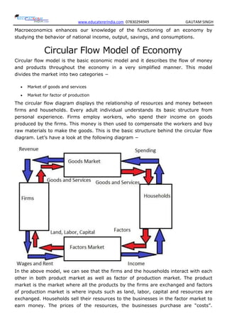www.educatererindia.com 07830294949 GAUTAM SINGH
Macroeconomics enhances our knowledge of the functioning of an economy by
studying the behavior of national income, output, savings, and consumptions.
Circular Flow Model of Economy
Circular flow model is the basic economic model and it describes the flow of money
and products throughout the economy in a very simplified manner. This model
divides the market into two categories −
 Market of goods and services
 Market for factor of production
The circular flow diagram displays the relationship of resources and money between
firms and households. Every adult individual understands its basic structure from
personal experience. Firms employ workers, who spend their income on goods
produced by the firms. This money is then used to compensate the workers and buy
raw materials to make the goods. This is the basic structure behind the circular flow
diagram. Let‘s have a look at the following diagram −
In the above model, we can see that the firms and the households interact with each
other in both product market as well as factor of production market. The product
market is the market where all the products by the firms are exchanged and factors
of production market is where inputs such as land, labor, capital and resources are
exchanged. Households sell their resources to the businesses in the factor market to
earn money. The prices of the resources, the businesses purchase are ―costs‖.
 