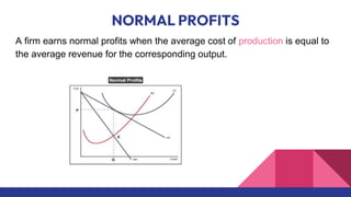 NORMAL PROFITS
A firm earns normal profits when the average cost of production is equal to
the average revenue for the corresponding output.
 