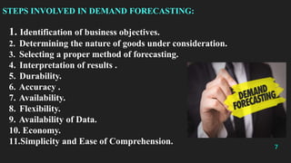 STEPS INVOLVED IN DEMAND FORECASTING:
1. Identification of business objectives.
2. Determining the nature of goods under consideration.
3. Selecting a proper method of forecasting.
4. Interpretation of results .
5. Durability.
6. Accuracy .
7. Availability.
8. Flexibility.
9. Availability of Data.
10. Economy.
11.Simplicity and Ease of Comprehension.
7
 