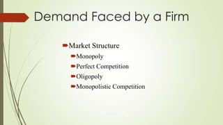 Demand Faced by a Firm
Market Structure
Monopoly
Perfect Competition
Oligopoly
Monopolistic Competition

 