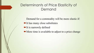 Determinants of Price Elasticity of
Demand
Demand for a commodity will be more elastic if:
It has many close substitutes
It is narrowly defined
More time is available to adjust to a price change

 