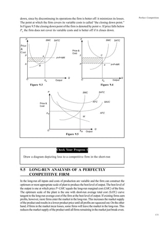 131
Perfect Competition
down, since by discontinuing its operations the firm is better off: it minimizes its losses.
The point at which the firm covers its variable costs is called “the closing down point.”
In Figure 9.5 the closing down point of the firm is denoted by point w. If price falls below
Pw
the firm does not cover its variable costs and is better off if it closes down.
Figure 9.3 Figure 9.4
Figure 9.5
Check Your Progress 1
Draw a diagram depicting loss to a competitive firm in the short-run
9.5 LONG-RUN ANALYSIS OF A PERFECTLY
COMPETITIVE FIRM
In the long-run all inputs and costs of production are variable and the firm can construct the
optimumormostappropriatescaleofplanttoproducethebestlevelofoutput.Thebestlevelof
the output is one at which price P=LMC equals the long-run marginal cost (LMC) of the firm.
The optimum scale of the plant is the one with short-run average total cost (SATC) curve
tangent to the long-run average cost of the firm at the best level of output. If existing firms earn
profits, however, more firms enter the market in the long-run. This increases the market supply
oftheproductandresultsinalowerproductpriceuntilallprofitsaresqueezedout.Ontheother
hand, if firms in the market incur losses, some firms will leave the market in the long-run. This
reducesthemarketsupplyoftheproductuntilallfirmsremaininginthemarketjustbreak-even.
SMC
P
SATC
B
e
Q
Output
Xe
O
A
P
d=P=MR
SMC
P
SATC
e
C
Q
Output
Xe
O
P
F
d=P=MR
Price &
Cost
SMC
P SATC
W
Q
Output
XW
O
pw
Price &
Cost
SAVC
AFC
Price
&
Cost
AFC
 