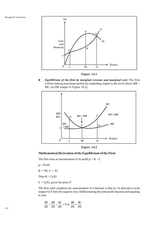 192
Managerial Economics
Figure 14.1
l Equilibrium of the firm by marginal revenue and marginal cost: The firm
will be making maximum profits by expanding output to the level where MR =
MC (at OM output in Figure 14.2).
Figure 14.2
Mathematical Derivation of the Equilibrium of the Firm
The firm aims at maximisation of its profit p = R – C
p = Profit
R = TR, C = TC
Then R = f1
(X)
C = f2
(X), given the price P
The first order condition for maximisation of a function is that its 1st derivative (with
respect to X here) be equal to zero. Differentiating the total profit function and equating
to zero
P R C R C
0 or
X X X X X
δ δ δ δ δ
= − = =
δ δ δ δ δ
 